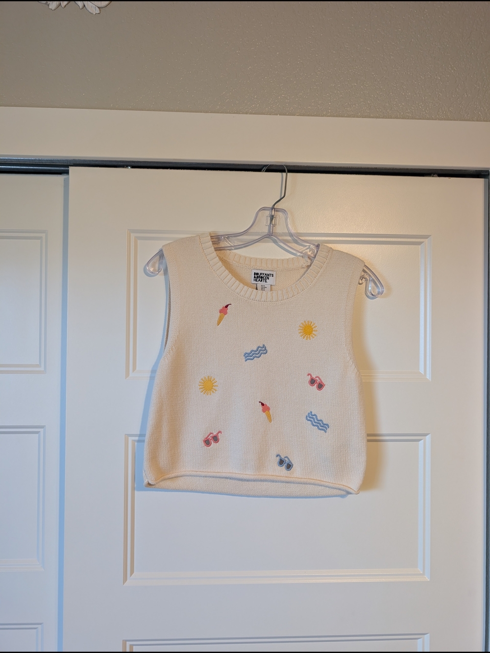 Cream Embroidered Summer Icons Knit Tank Top - Women's